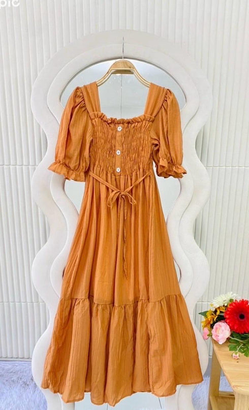 Summer Square Neckline Puff Sleeves Midi Dress